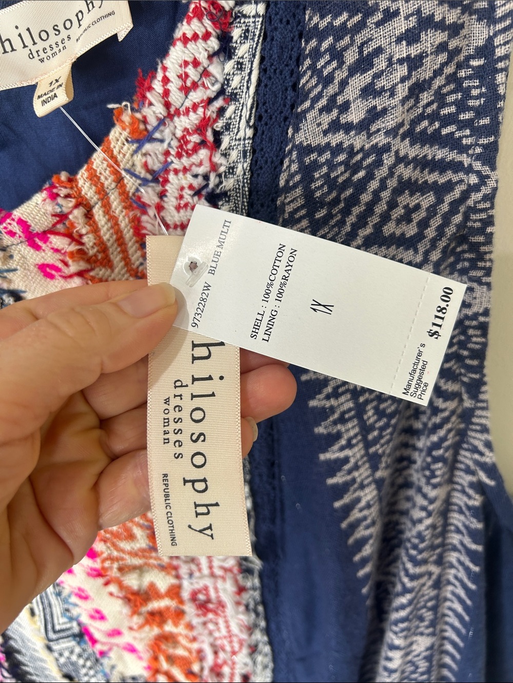 NWT Philosophy Blue Embroidered Cotton Boho Sleeveless Dress Size 1X - Picture 5 of 16